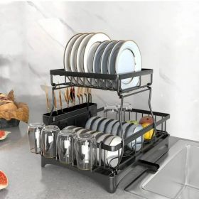 2 Tier Dish Racks for Kitchen Counter, Stainless Steel Dish Drying Rack with Drainboard, Detachable Dish Drainers with Utensil Holder, Cup Holder