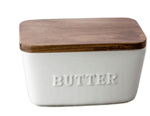 Better Homes & Gardens- White and Acacia Wood Porcelain Embossed Butter Dish
