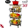 4 Tier Fruit Storage Basket, Fruit Vegetable Cart with Solid Wood, Kitchen Storage Rack with Rollers for Pantry
