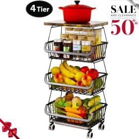 4 Tier Fruit Storage Basket, Fruit Vegetable Cart with Solid Wood, Kitchen Storage Rack with Rollers for Pantry