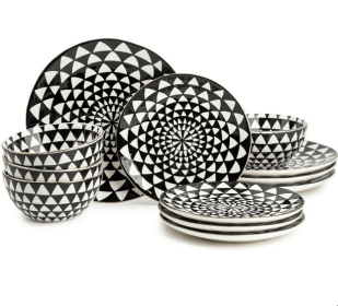 Thyme & Table 12-Piece Dinnerware Stoneware Set, Black & White Medallion Collection