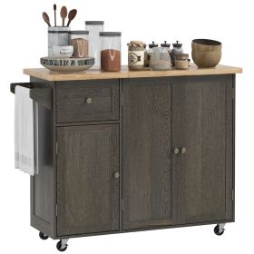 HOMCOM Triple-Cabinet Rolling Kitchen Island on Wheels, Kitchen Cart with Storage Shelf Adjustment, Rolling Utility Cart with Wood Top, Towel Rac