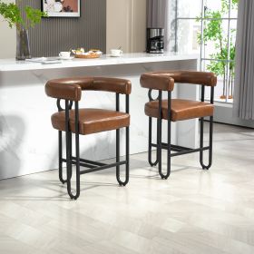 COOLMORE Bar Stools Set of 2, Modern Bar Stool with Back, Black Metal Frames, Upholstered Bar Stools for Kitchen Island, Pub, Club (Light Brown PU)
