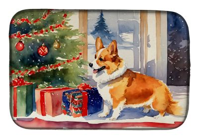 Corgi Cozy Christmas Dish Drying Mat Absorbent Dish Drying Mat Pad for Kitchen Counter Dish Drainer Mat for Countertop, 14 x 21", Multicolor