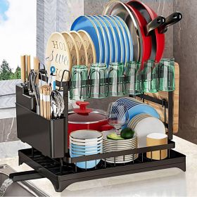 Dish Rack, 2 Tier Utensil Holder, Rustproof Dish Drying Rack with Drainboard and Utensil Holder for Kitchen Countertop, Kitchen Accessories (Black)