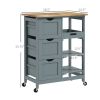 HOMCOM Dining Rolling Kitchen Cart, Gray, with Wood Top, Shelves & Drawers