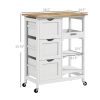 HOMCOM Dining Rolling Kitchen Island, White, with Wood Top, Shelves & Drawers