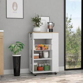 Rosemont Kitchen Cart, Two Open Shelves, Four Casters, One Drawer (Color: White / Light Oak)