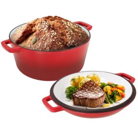 Enameled Cast Iron Dutch Oven with Serving Lid + ENCLOSED THERMAL CIRCLE Design (RED: Red)