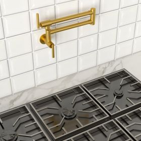 Double 360° Rotatable Joints Traditional Wall Mount Stove Swing Arm Folding Pot Filler Kitchen Faucet Double Handle with Spare Ceramic Valve (Color: Gold)