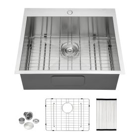 Kitchen Sink Drop-in Topmount Single Bowl Gunmetal Black Stainless Steel Sink (Color: Brushed Stainless Steel, size: 25)