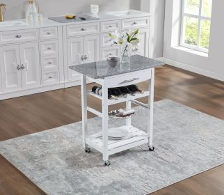 Mobile Rolling Kitchen Island Trolley Serving Cart with Underneath Drawer & Slide-Out Wire Storage Basket (Main Material: Marble+Metal, Main Color: White)